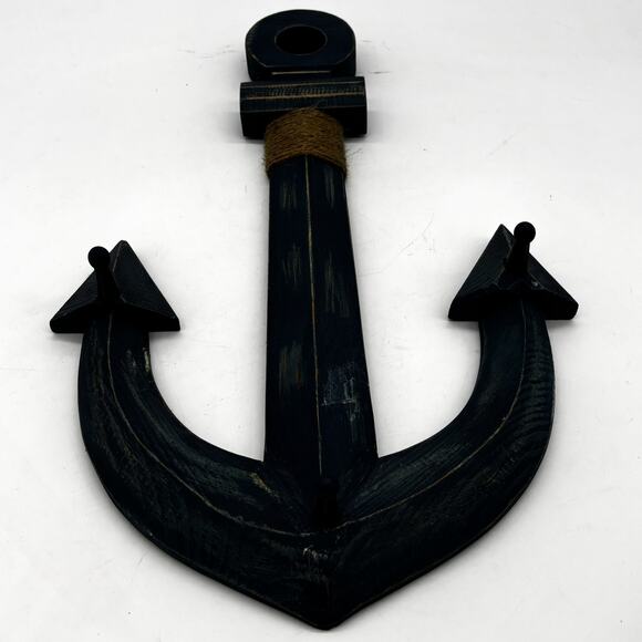 Nautical Wooden Wall Anchor Coat Hanger 3 Peg Blue Weathered Rope Neck Decor - Picture 1 of 8